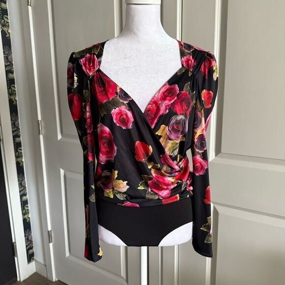 Zara Black Long Sleeve Wrap Bodysuit with Red Floral Print Size S - Picture 1 of 5